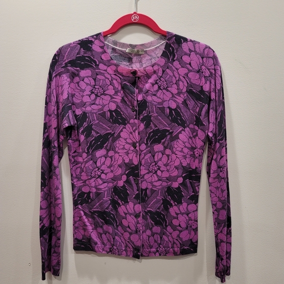 Sz 8 Fuscia Black Floral Bottega Veneta KnitButton-up Cardigan Made In Italy
